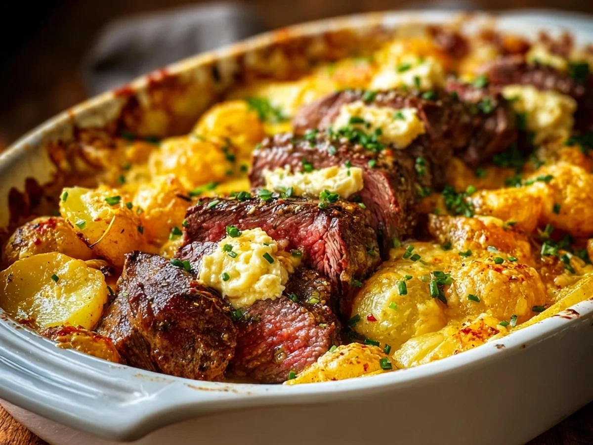 Hearty Garlic Butter Steak Cheddar Potato Bake - Image 1