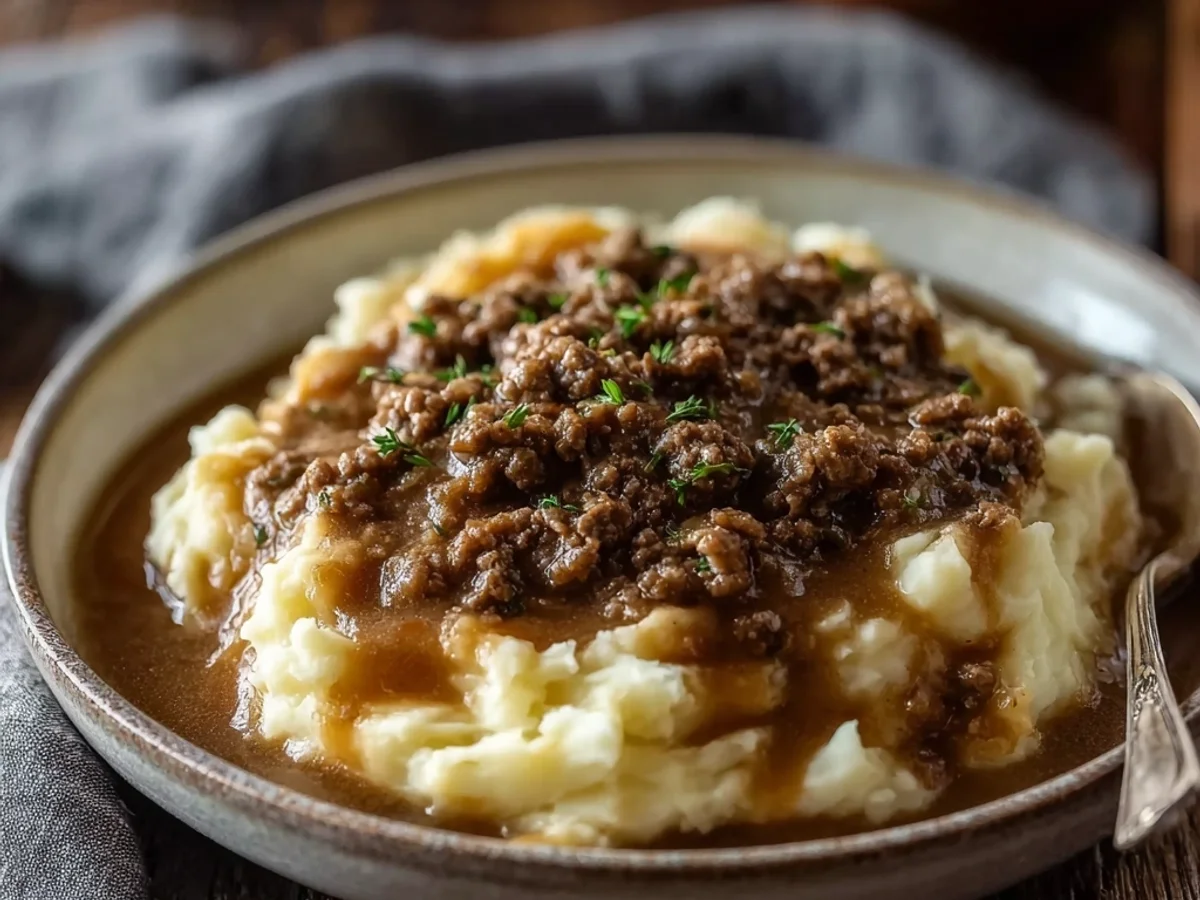 Homestyle Hamburger Gravy Over Mashed Potatoes - Image 1