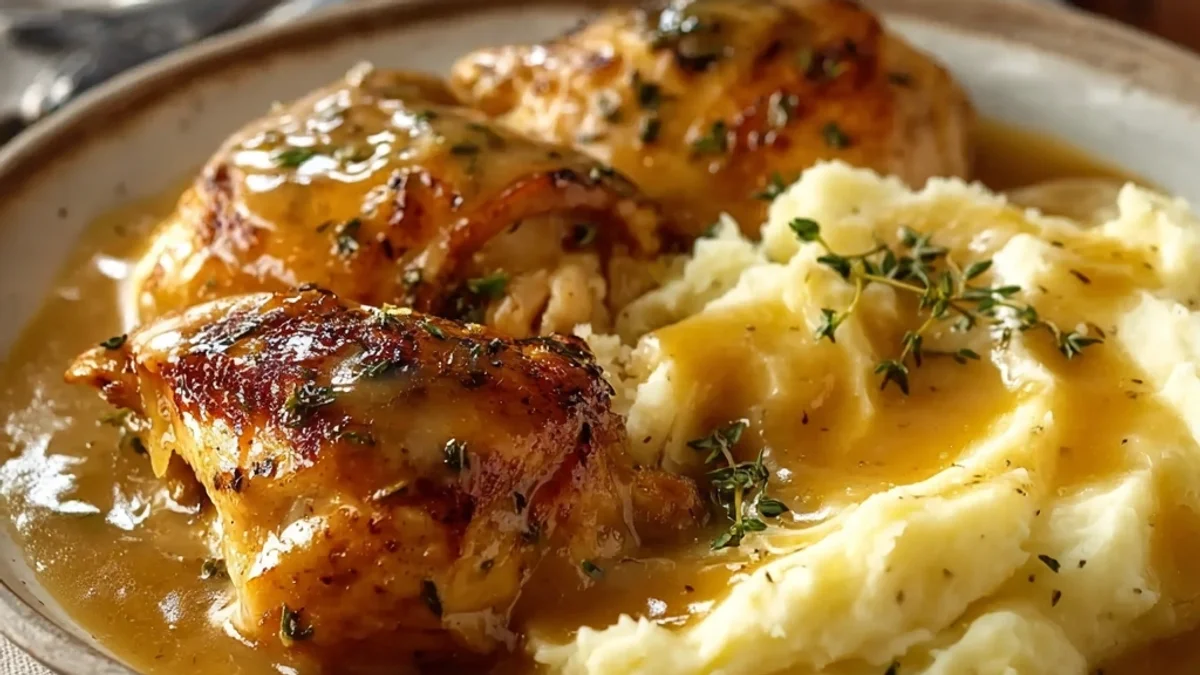 Chicken and Garlic Gravy with Cheesy Mashed Potatoes