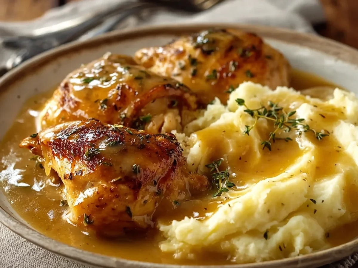 Chicken and Garlic Gravy with Cheesy Mashed Potatoes - Featured Image