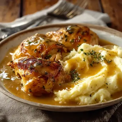 Chicken and Garlic Gravy with Cheesy Mashed Potatoes