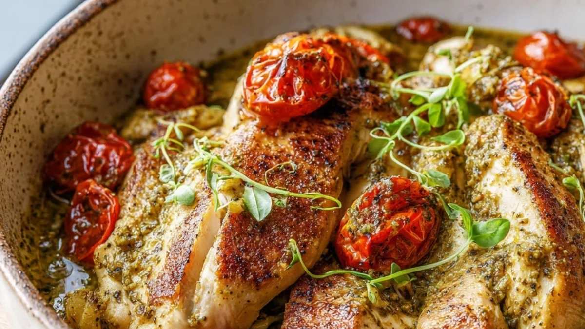 Creamy Pesto Chicken with Roasted Tomatoes Dinner