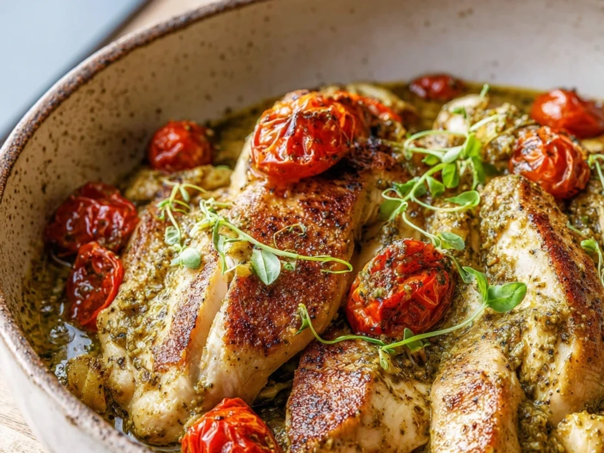 Creamy Pesto Chicken with Roasted Tomatoes Dinner - Featured Image