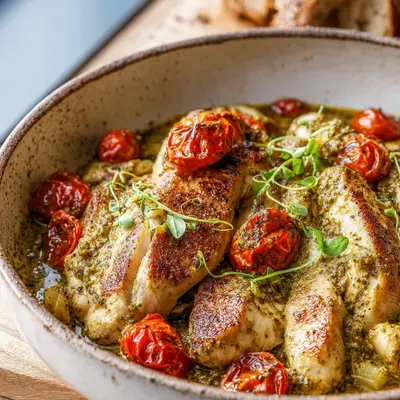 Creamy Pesto Chicken with Roasted Tomatoes Dinner