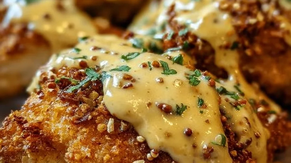 Crispy Pretzel Chicken with Tangy Mustard-Cheddar Sauce