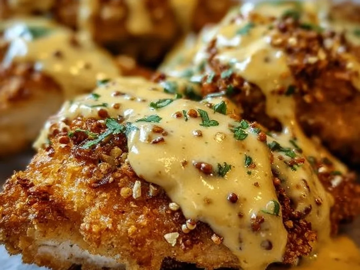 Crispy Pretzel Chicken with Tangy Mustard-Cheddar Sauce - Featured Image