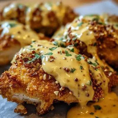 Crispy Pretzel Chicken with Tangy Mustard-Cheddar Sauce