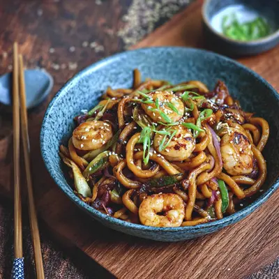 Flavorful Yaki Udon with Shrimps: Quick Noodle Stir-Fry