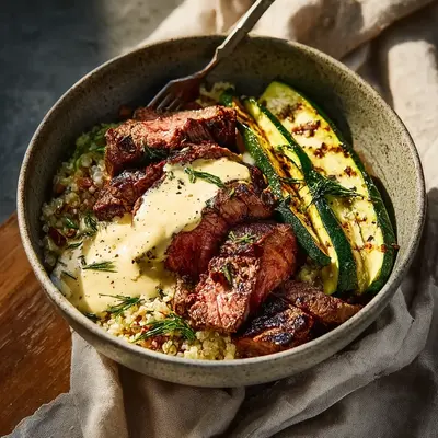 Grilled Steak Bowl with Creamy Sauce: Zucchini & Herbs