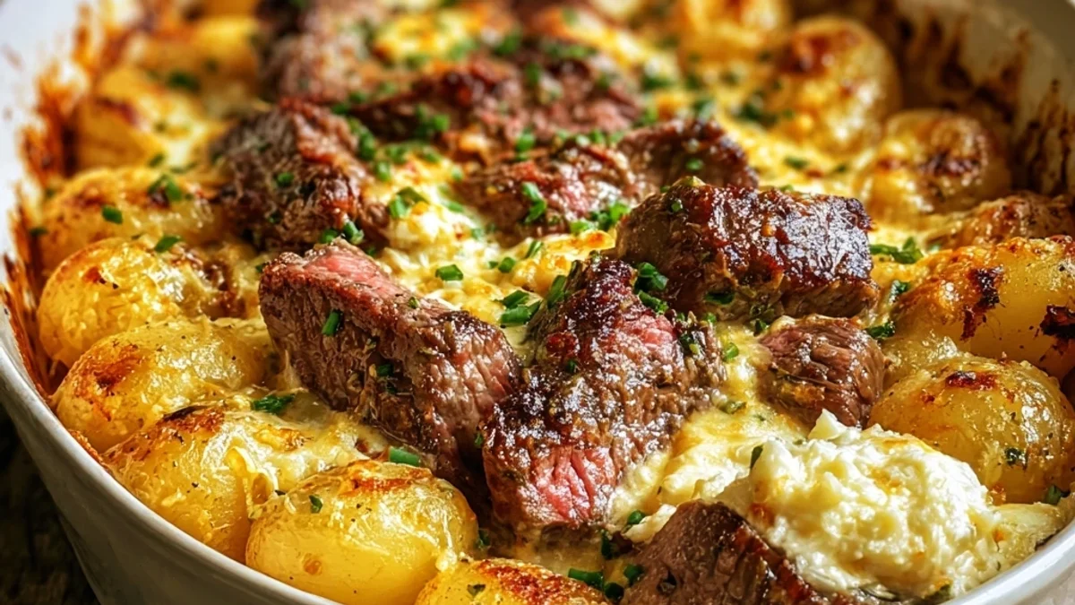 Hearty Garlic Butter Steak Cheddar Potato Bake