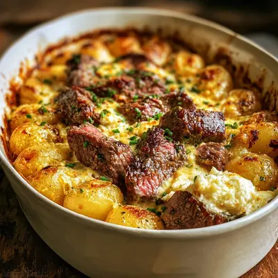 Hearty Garlic Butter Steak Cheddar Potato Bake