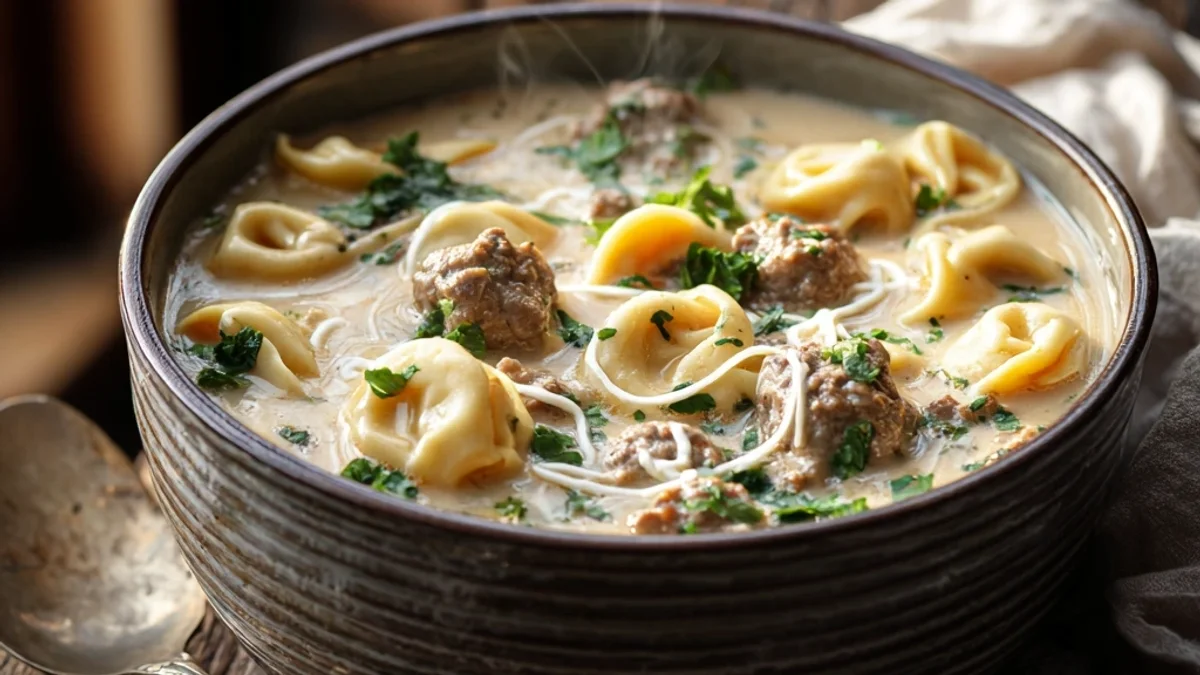 Hearty Slow Cooker Creamy Beef Sausage Tortellini Soup