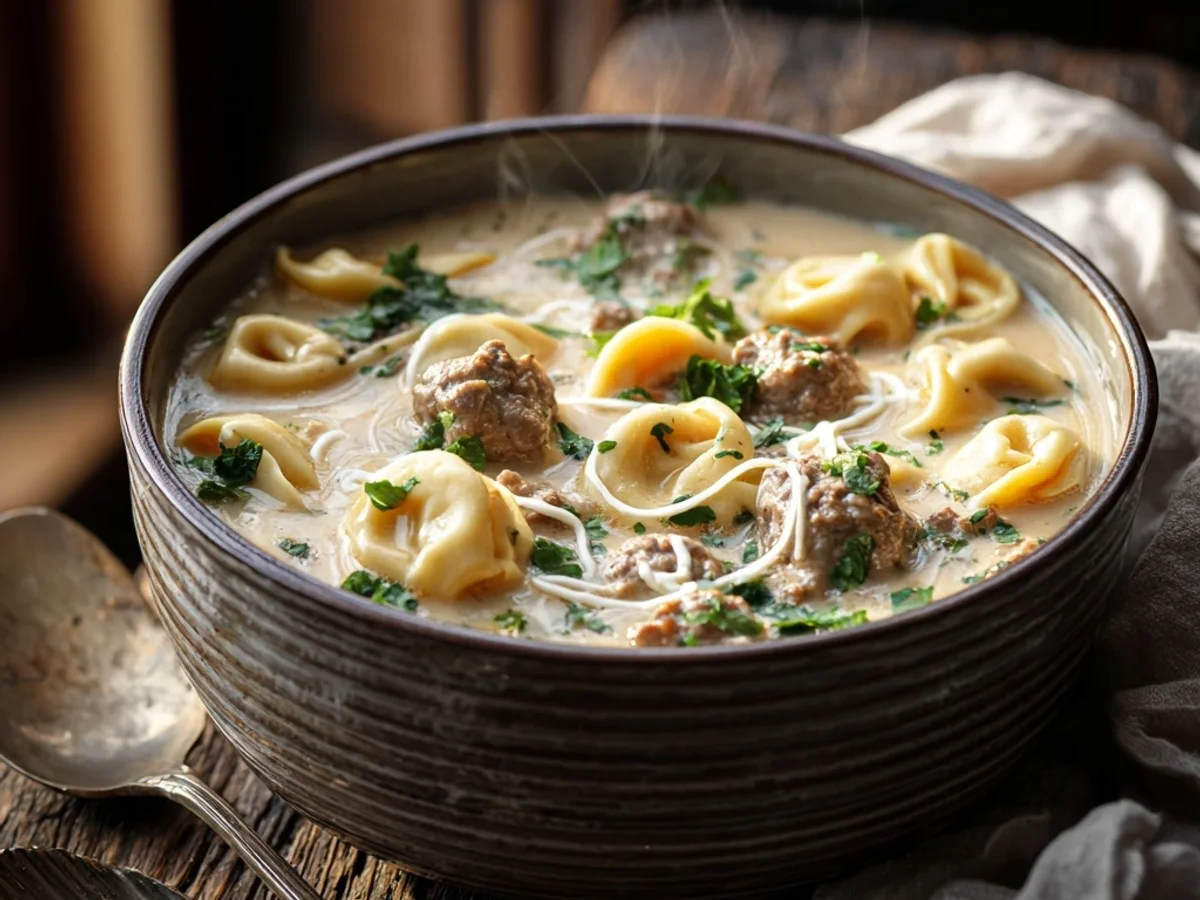 Hearty Slow Cooker Creamy Beef Sausage Tortellini Soup - Featured Image