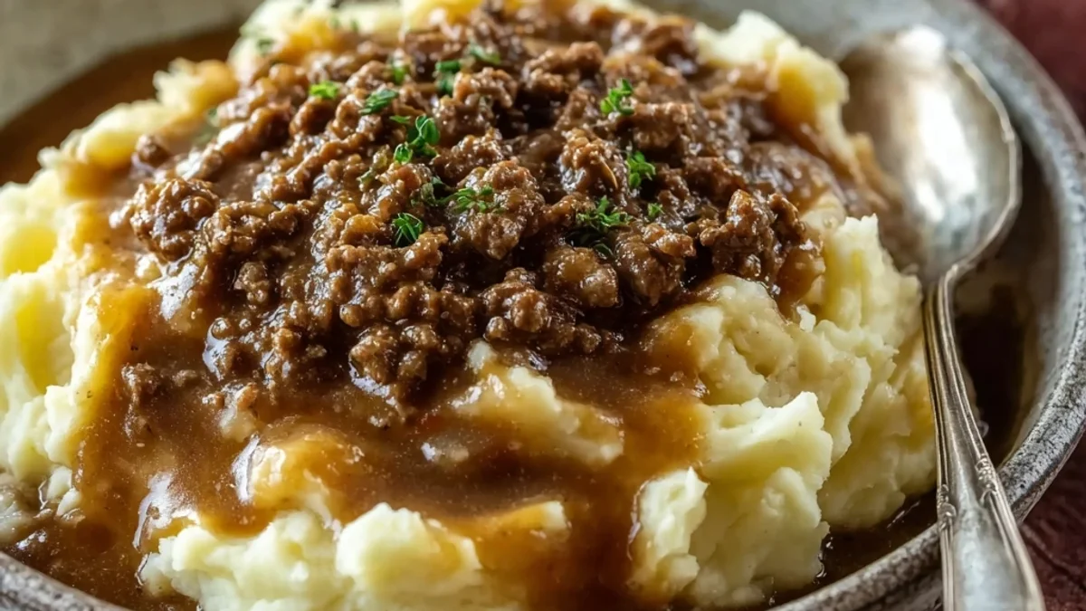 Homestyle Hamburger Gravy Over Mashed Potatoes