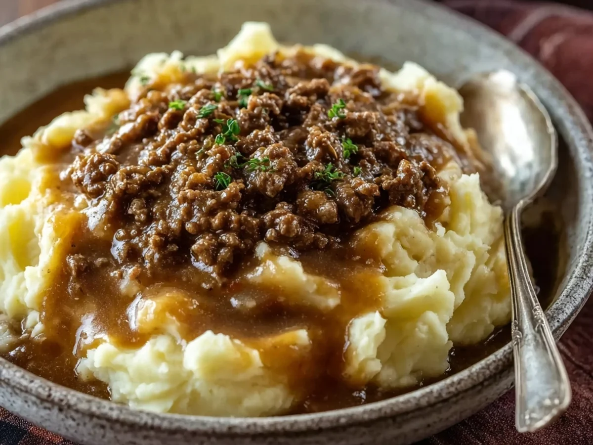 Homestyle Hamburger Gravy Over Mashed Potatoes - Featured Image