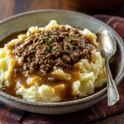 Homestyle Hamburger Gravy Over Mashed Potatoes
