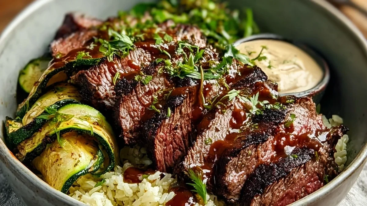 Juicy Grilled Steak Bowl with Zucchini & Tangy Sauce