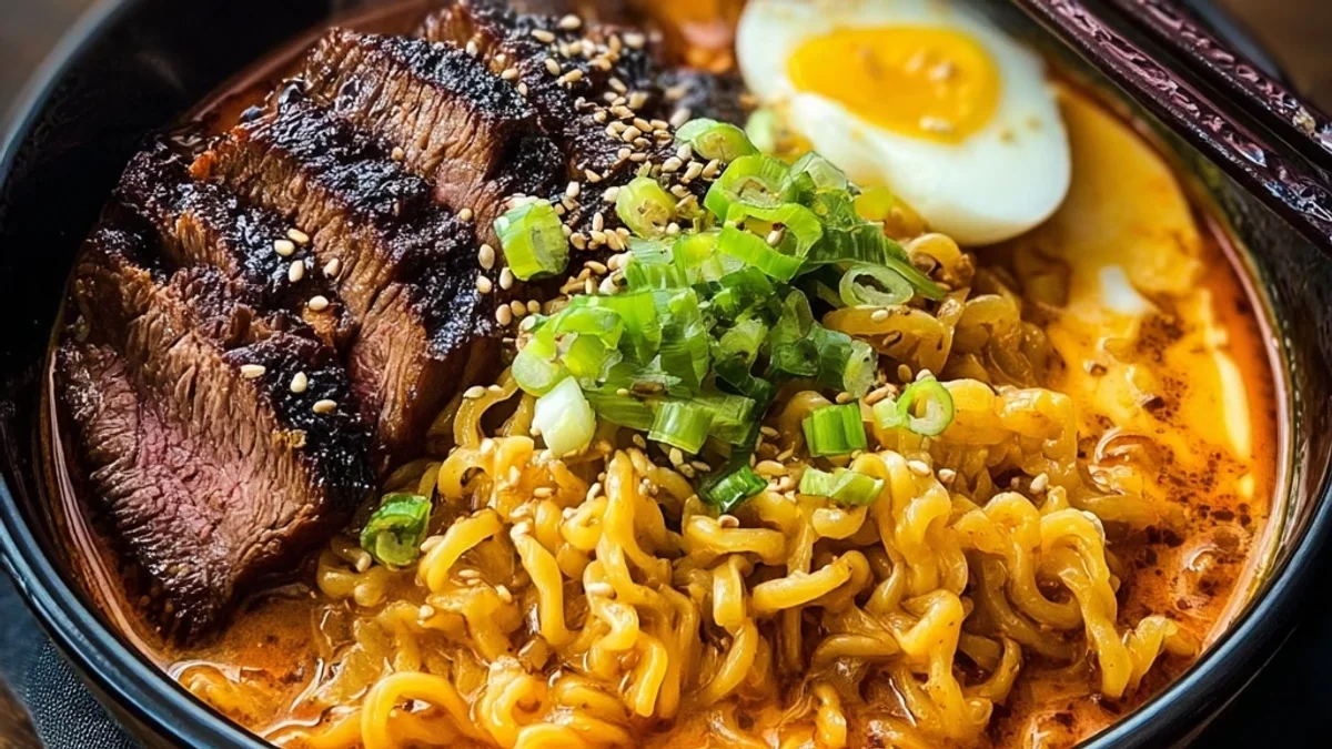 Spicy Korean Ramen with Grilled Beef & Creamy Sauce