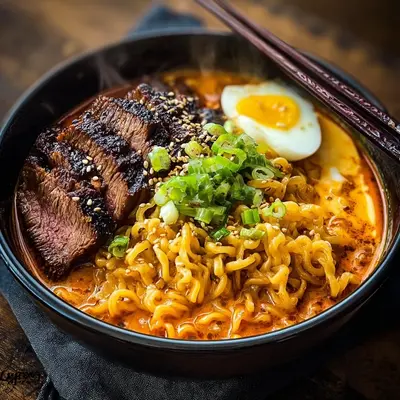 Spicy Korean Ramen with Grilled Beef & Creamy Sauce