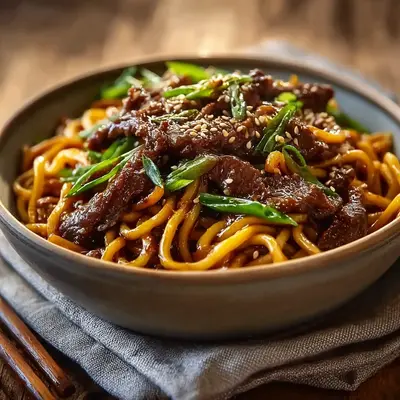 Sticky Beef Noodles: Savory Garlic Ginger Sauce