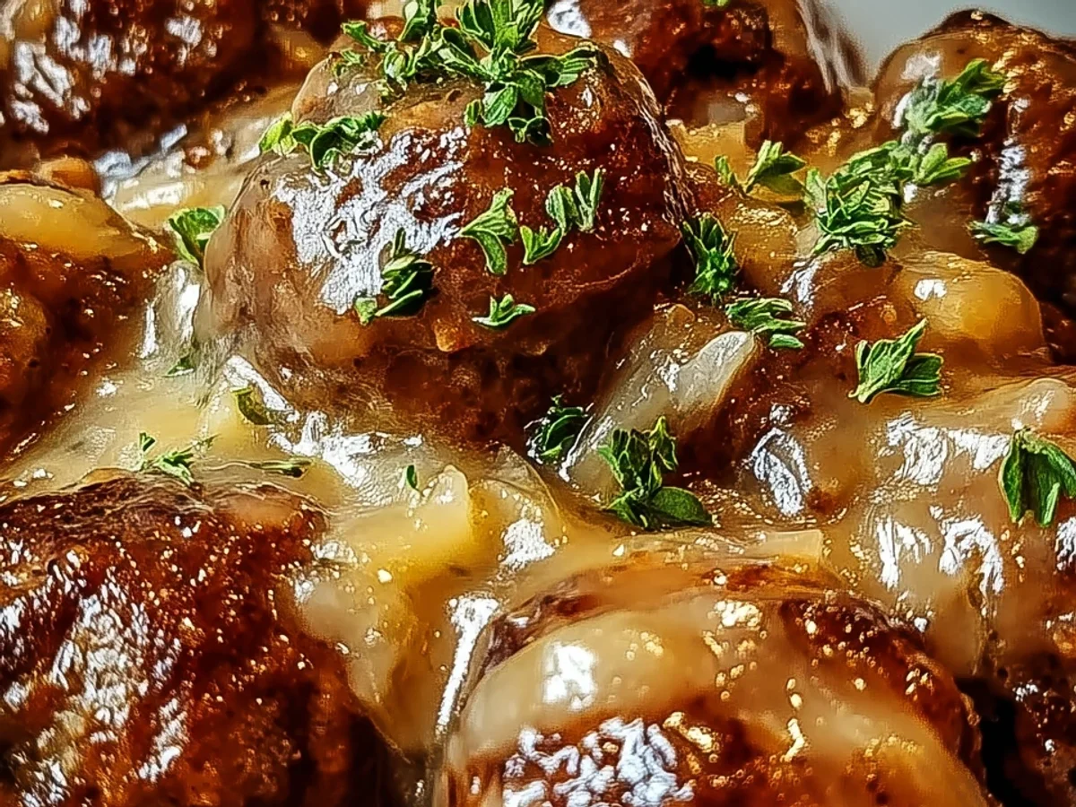 Tender Crock Pot French Onion Meatballs - Featured Image
