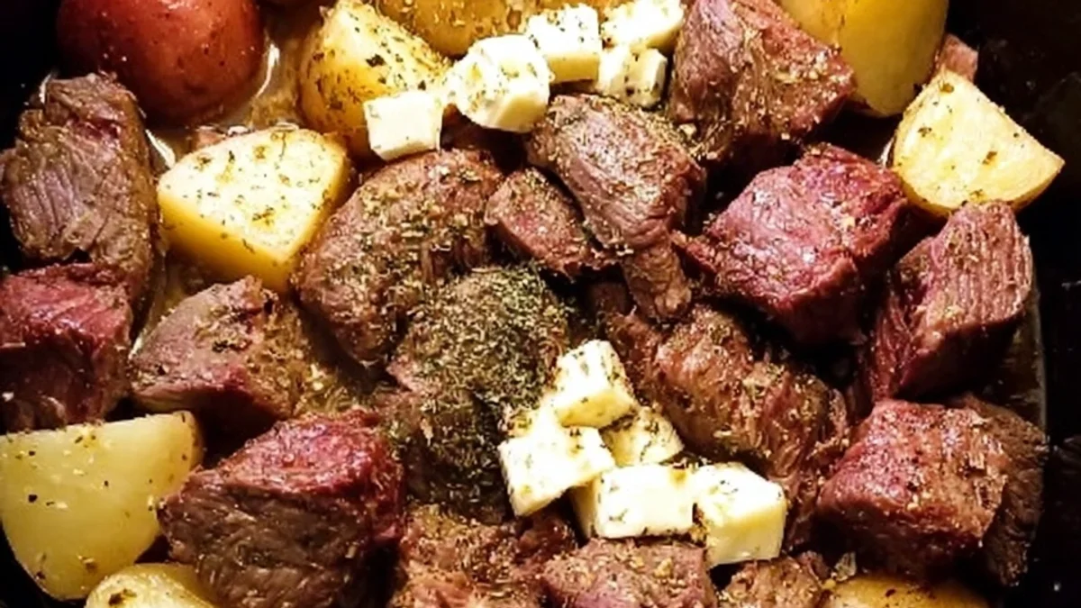 Tender Crockpot Garlic Butter Beef Bites with Potatoes