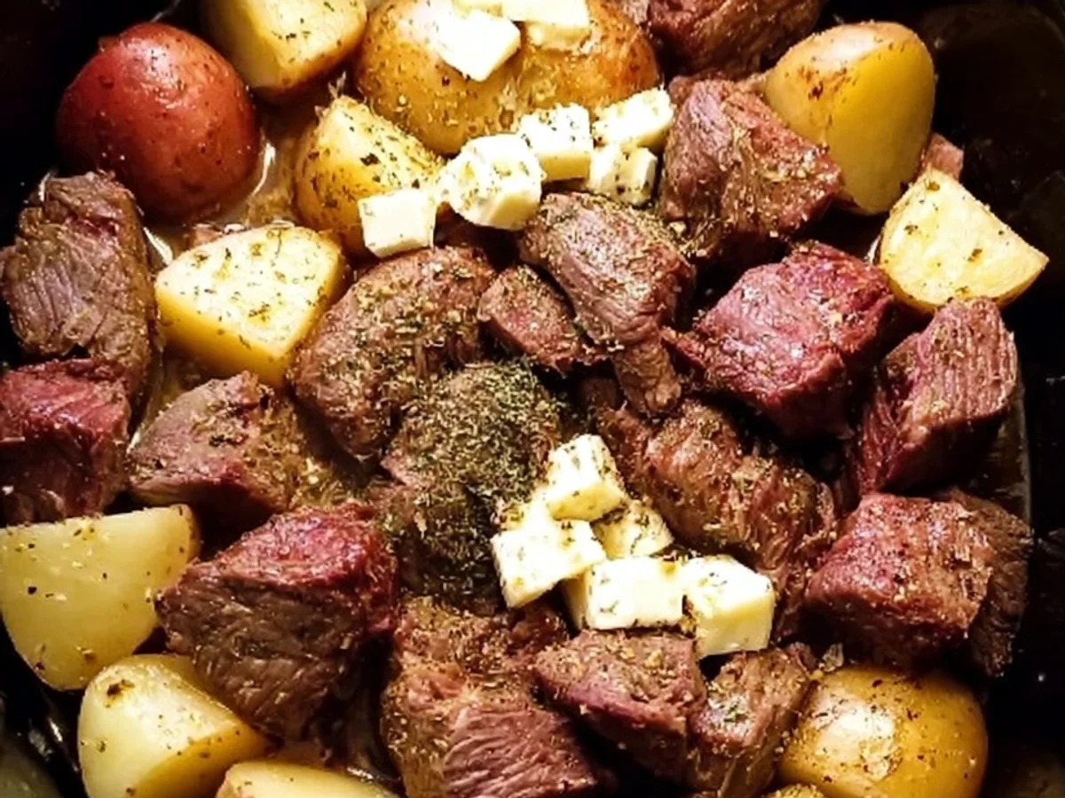 Tender Crockpot Garlic Butter Beef Bites with Potatoes - Featured Image