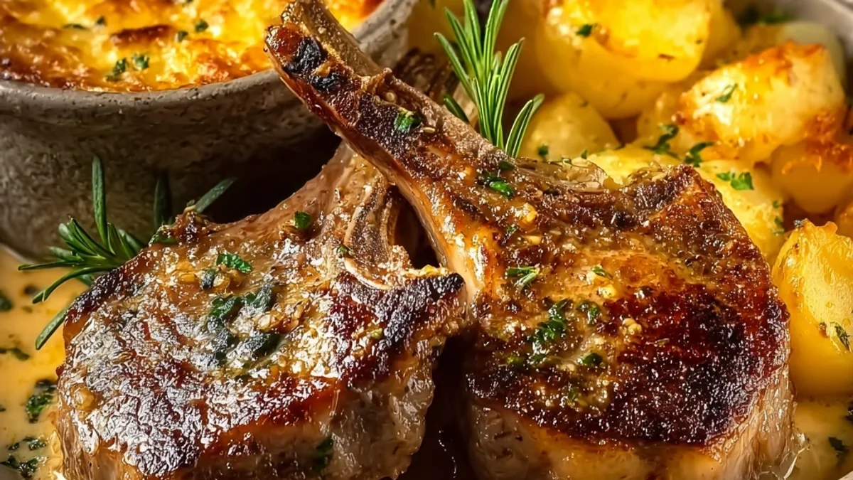 Tender Garlic Butter Lamb Chops & Cheesy Potato Bake