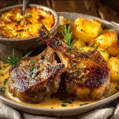 Tender Garlic Butter Lamb Chops & Cheesy Potato Bake